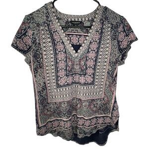 Lucky Brand Boho Patterned V-Neck High/Low Short Sleeve Shirt